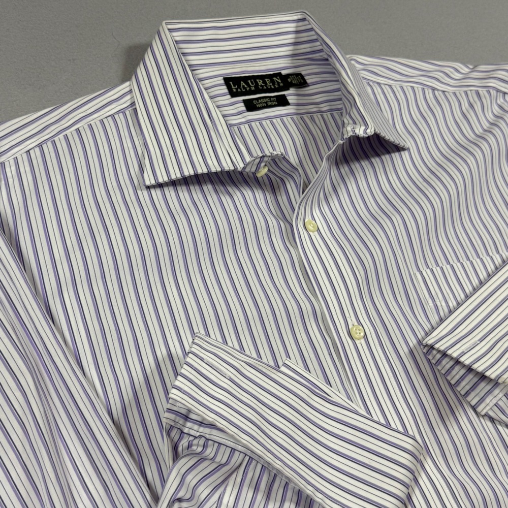 Lauren Ralph Lauren Mens Purple Striped Non Iron Dress Shrt Classic Fit 18 36/37